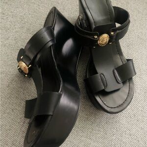Women’s Tommy Hilfiger 5.5 Black Platform Sandals Open Toe Mules Wedges Heels